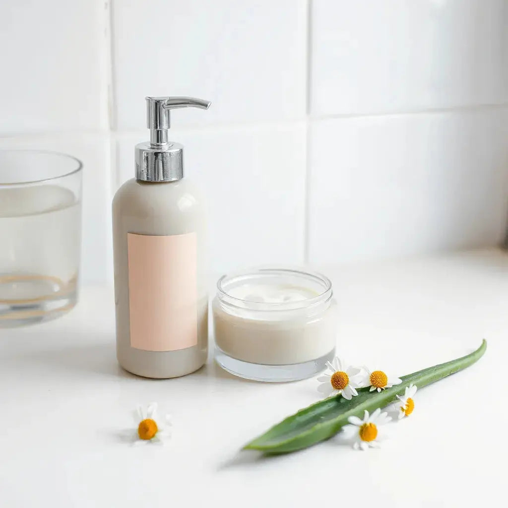 Pump bottle and cream jar of a gentle moisturizer with aloe and chamomile on a clean counter