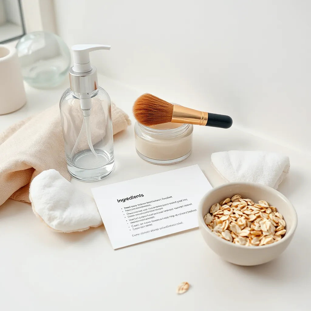 Minimalist vanity with gluten-free skincare bottles, cotton pads, and natural ingredients in soft light