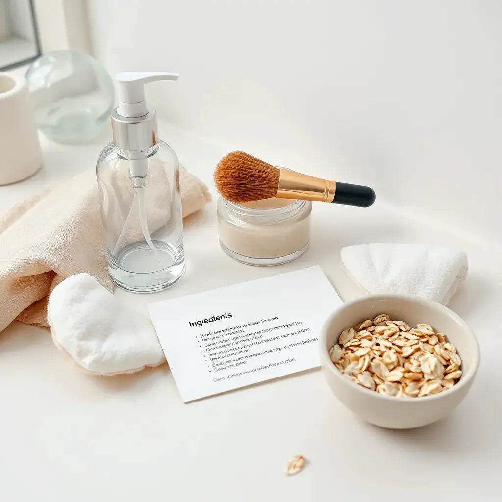 Minimalist vanity with gluten-free skincare bottles, cotton pads, and natural ingredients in soft light