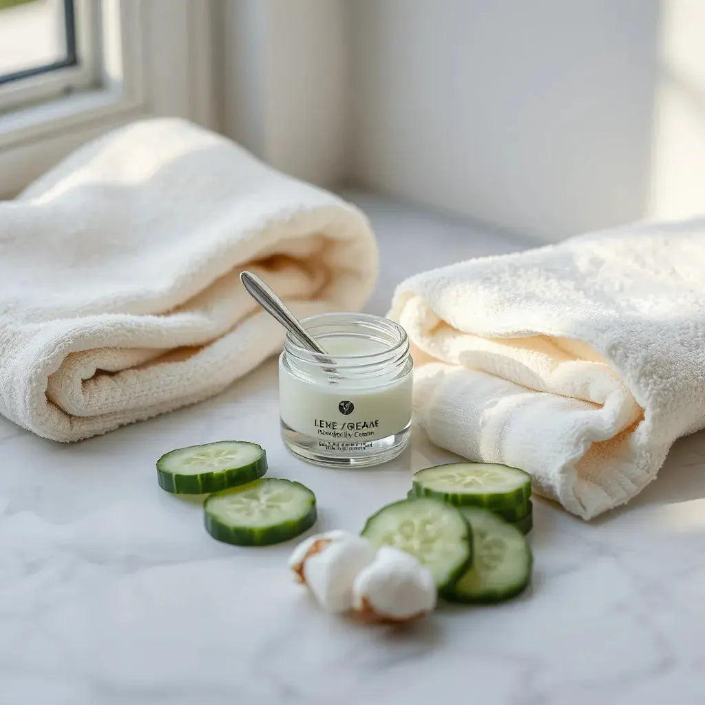 Jar of eye cream with applicator on marble, beside cucumber slices and soft pads
