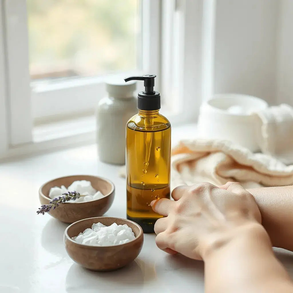 Hand applying a clear anti-dryness body oil for smooth, hydrated-looking skin