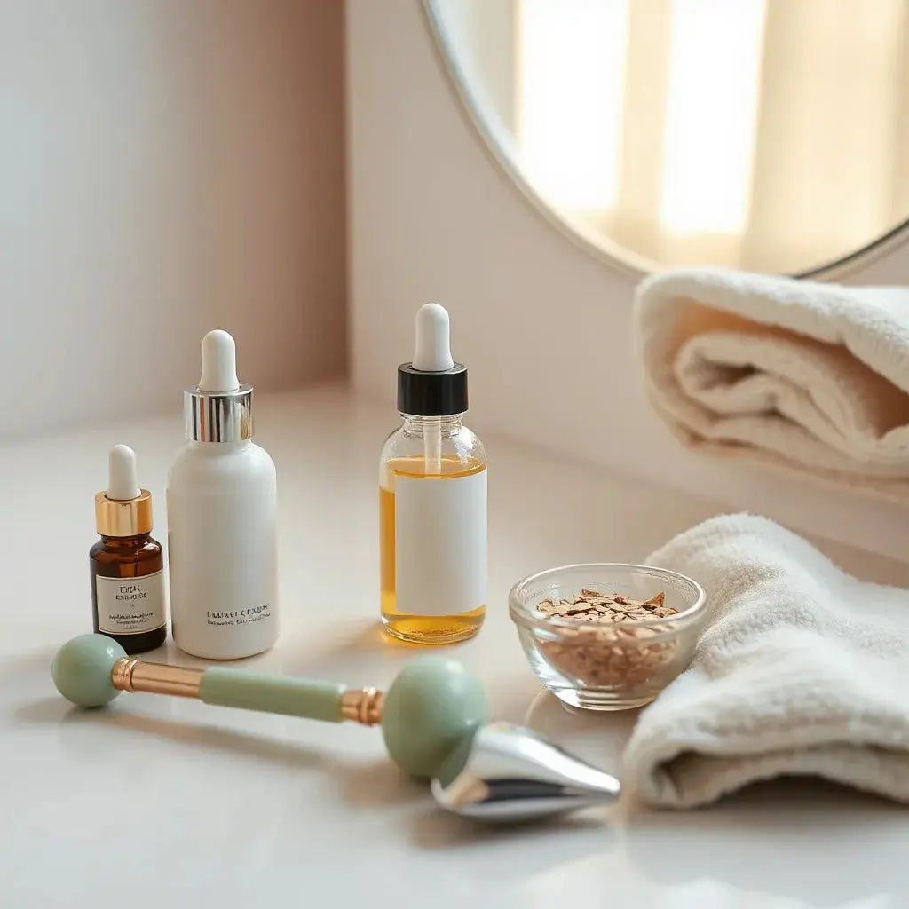 Skincare products arranged on a clean vanity with subtle facial glow in soft lighting