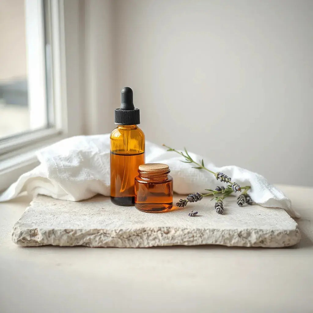 Natural skincare bottles and a jar with botanical sprigs on a light stone surface under soft window light