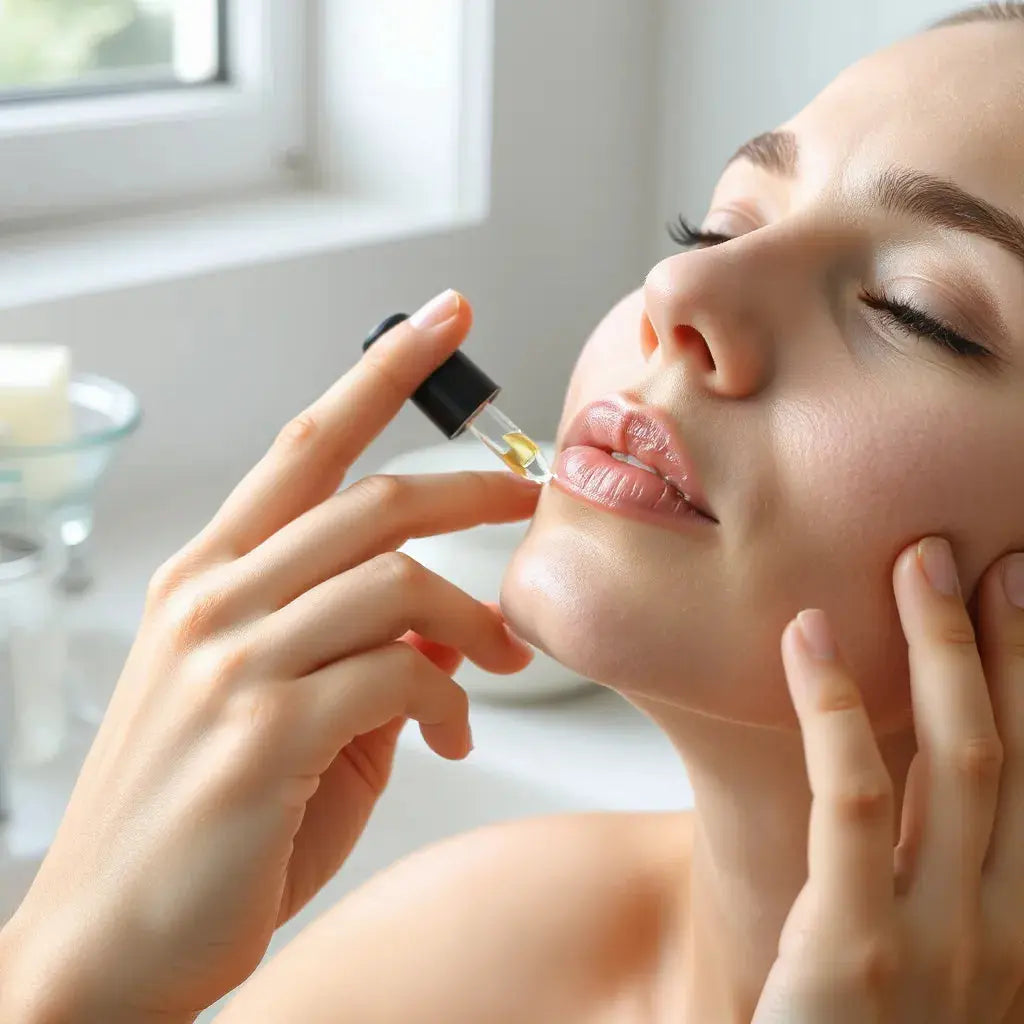 Person applying a gentle, fragrance-free moisturizer to sensitive facial skin under soft natural light