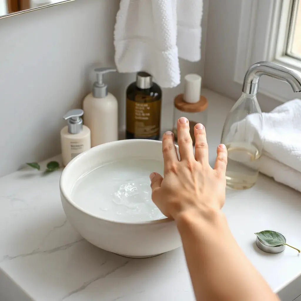 Moisturizer being applied to dry skin with hydrating skincare containers on a clean vanity