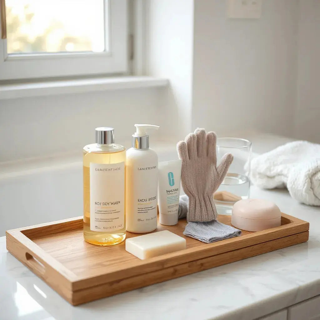 Assortment of daily body care products arranged on a minimal tray in a bright bathroom