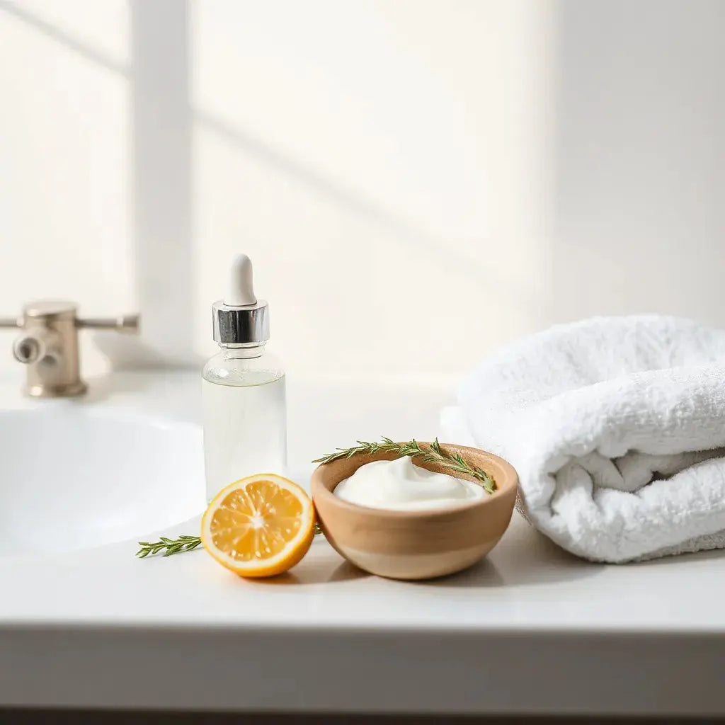 Skincare products on a bright bathroom vanity with moisturizer and botanical accents
