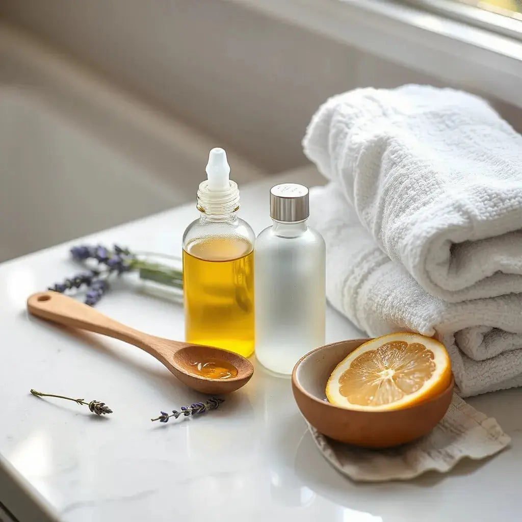 Glass bottles of golden natural oil with a wooden spoon and fresh botanicals on a clean vanity