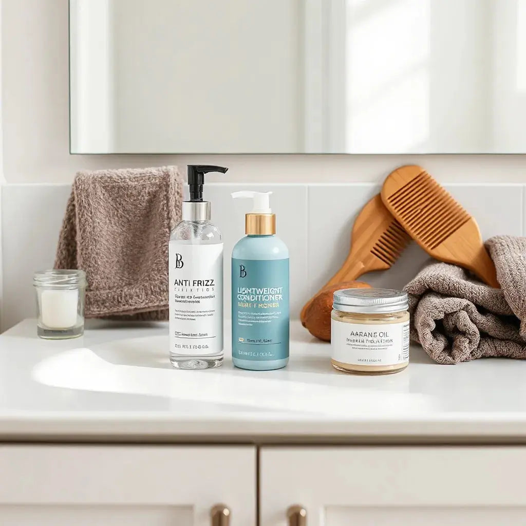 Sleek anti-frizz serum and leave-in products with a comb and towel on a bright vanity.