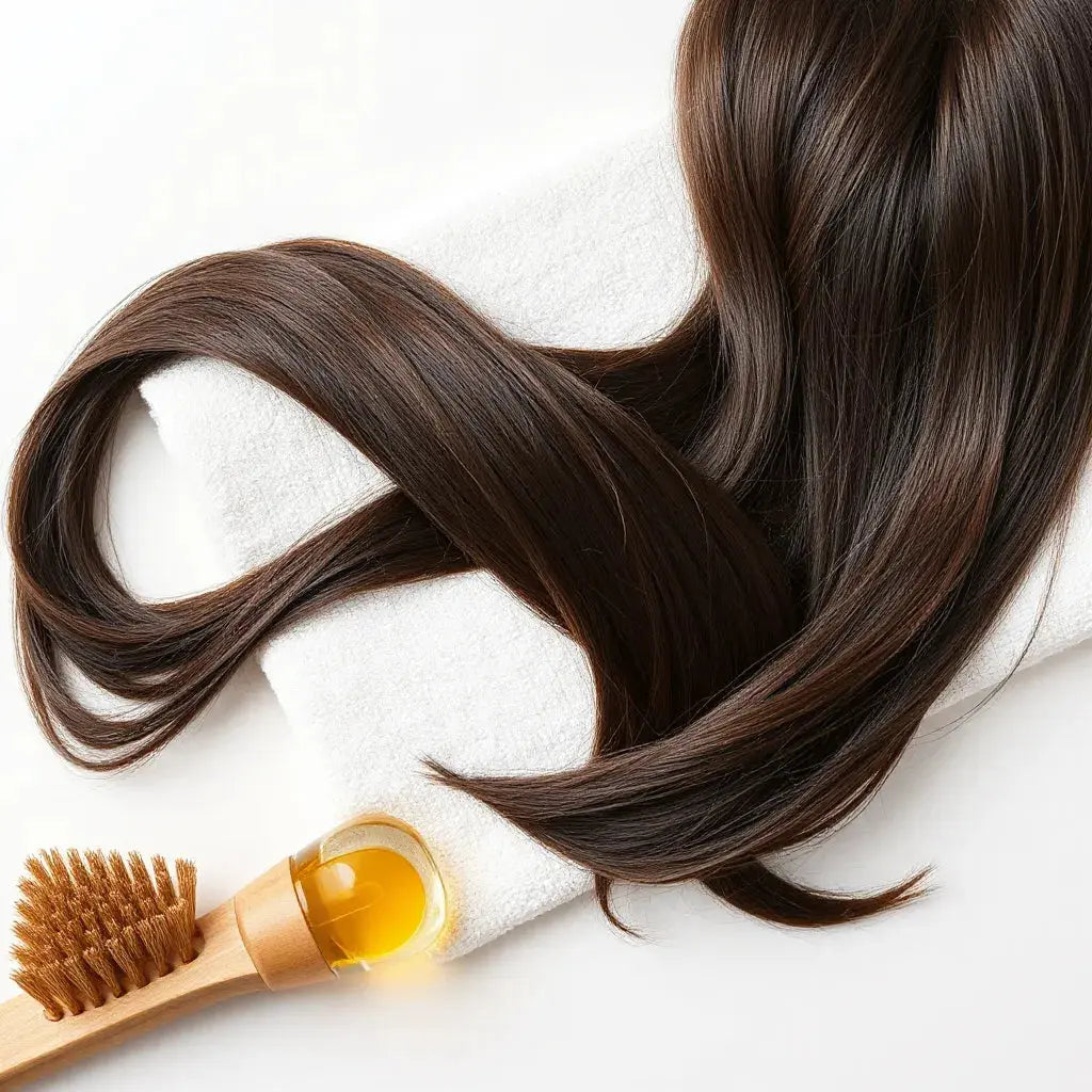 Glossy hair strands with a small hair oil dropper and wooden brush on a clean towel