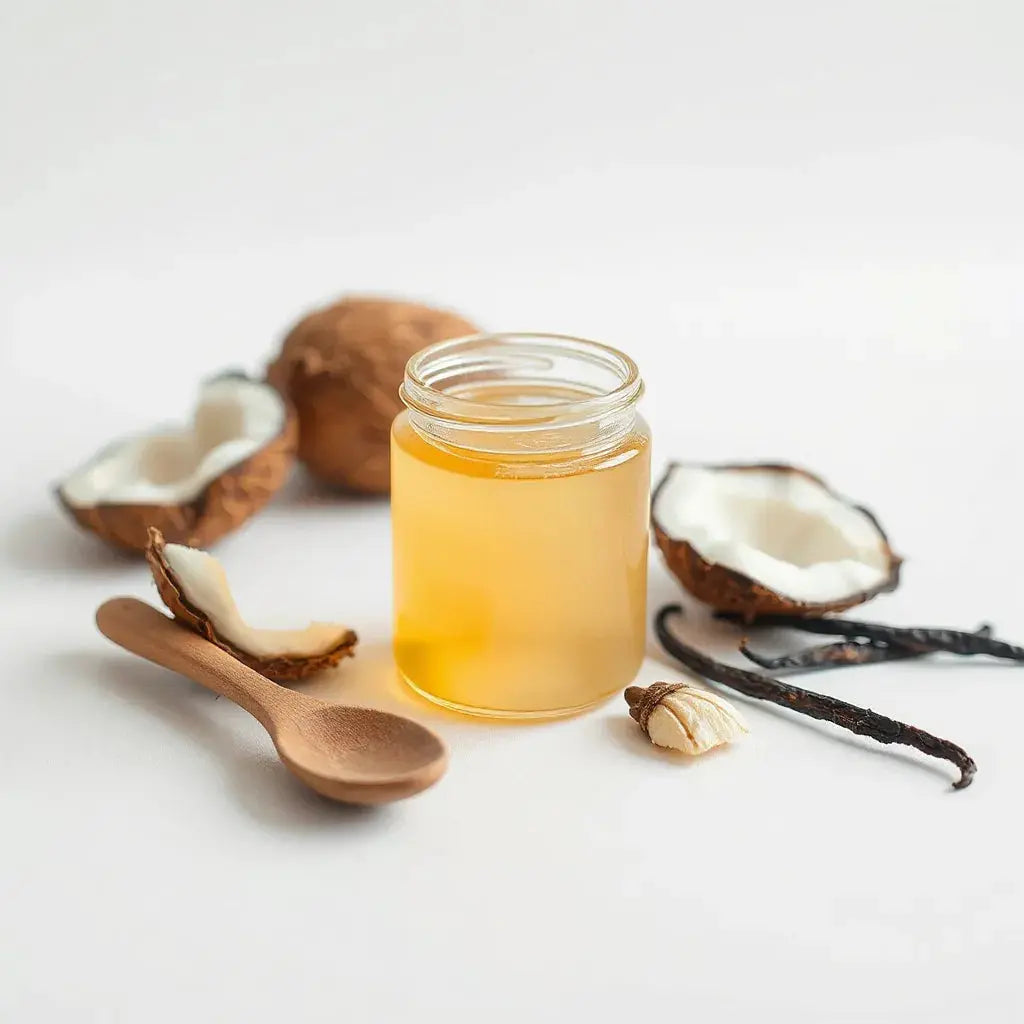 Glass jar of coconut vanilla oil with coconut halves and vanilla pods in soft natural light