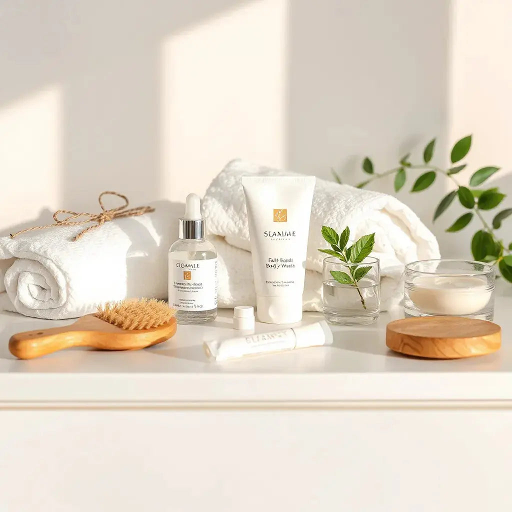 Neatly arranged skincare and body care essentials for a simple self-care routine on a clean countertop