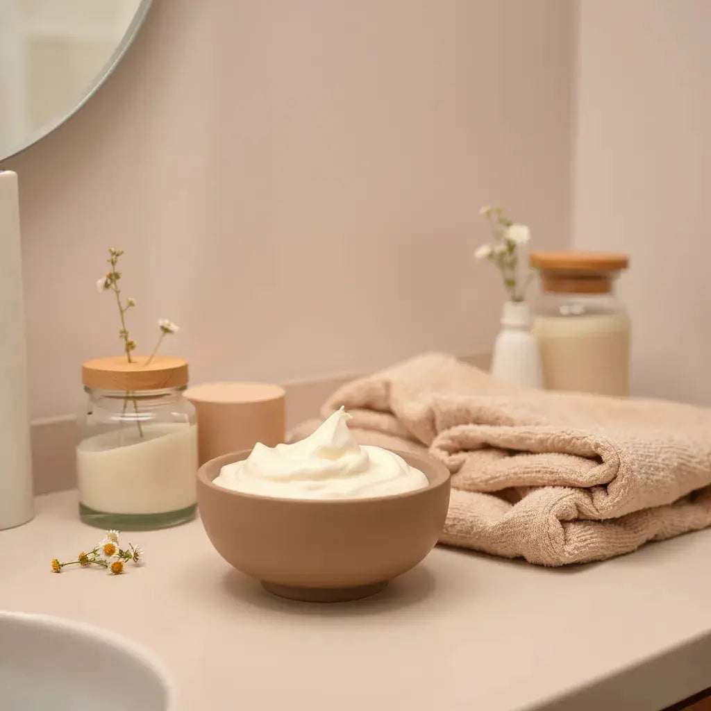Ceramic bowl of body cream and glass hair conditioner beside a folded towel and botanicals