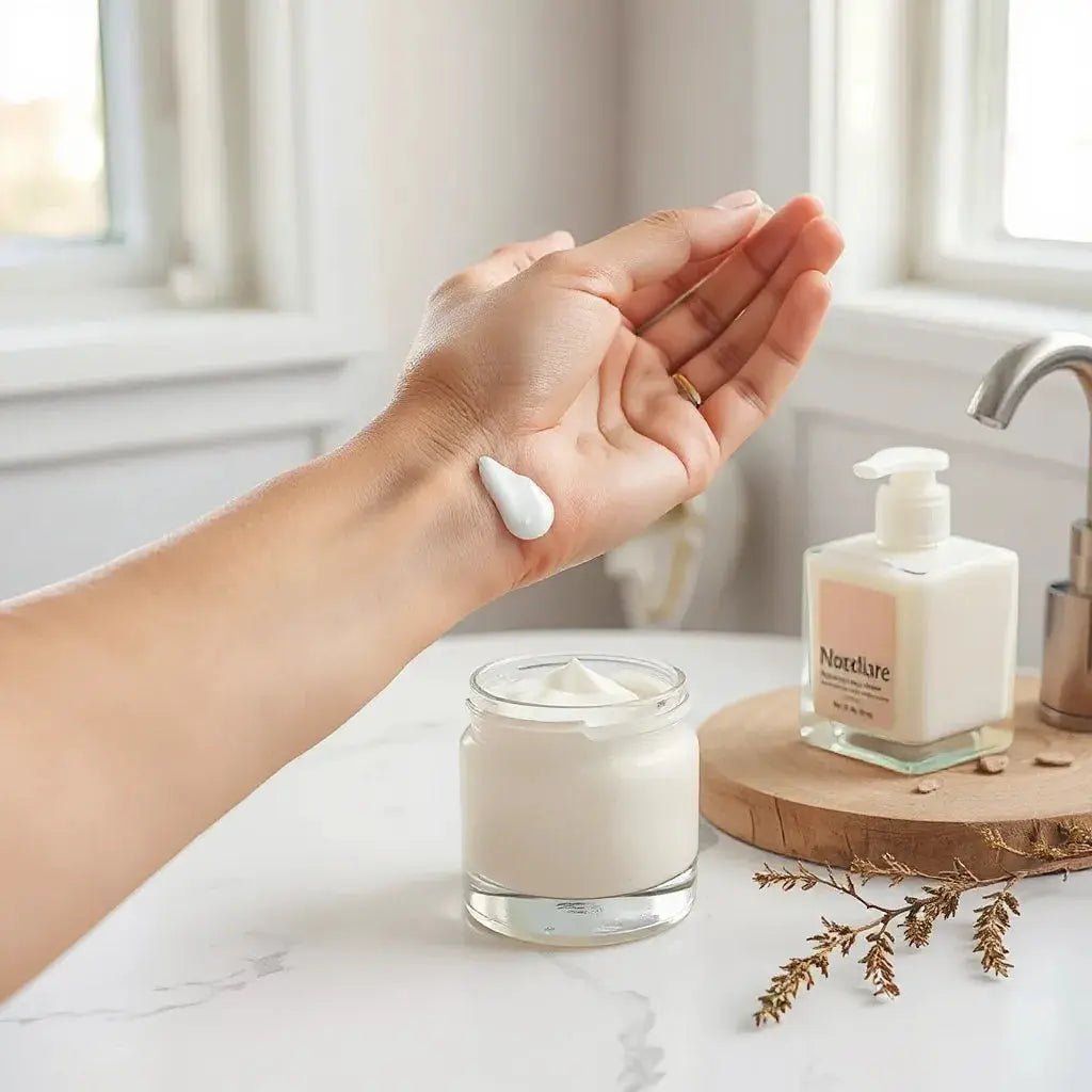 Hand applying creamy moisturizer to dry skin for a calm, hydrated look
