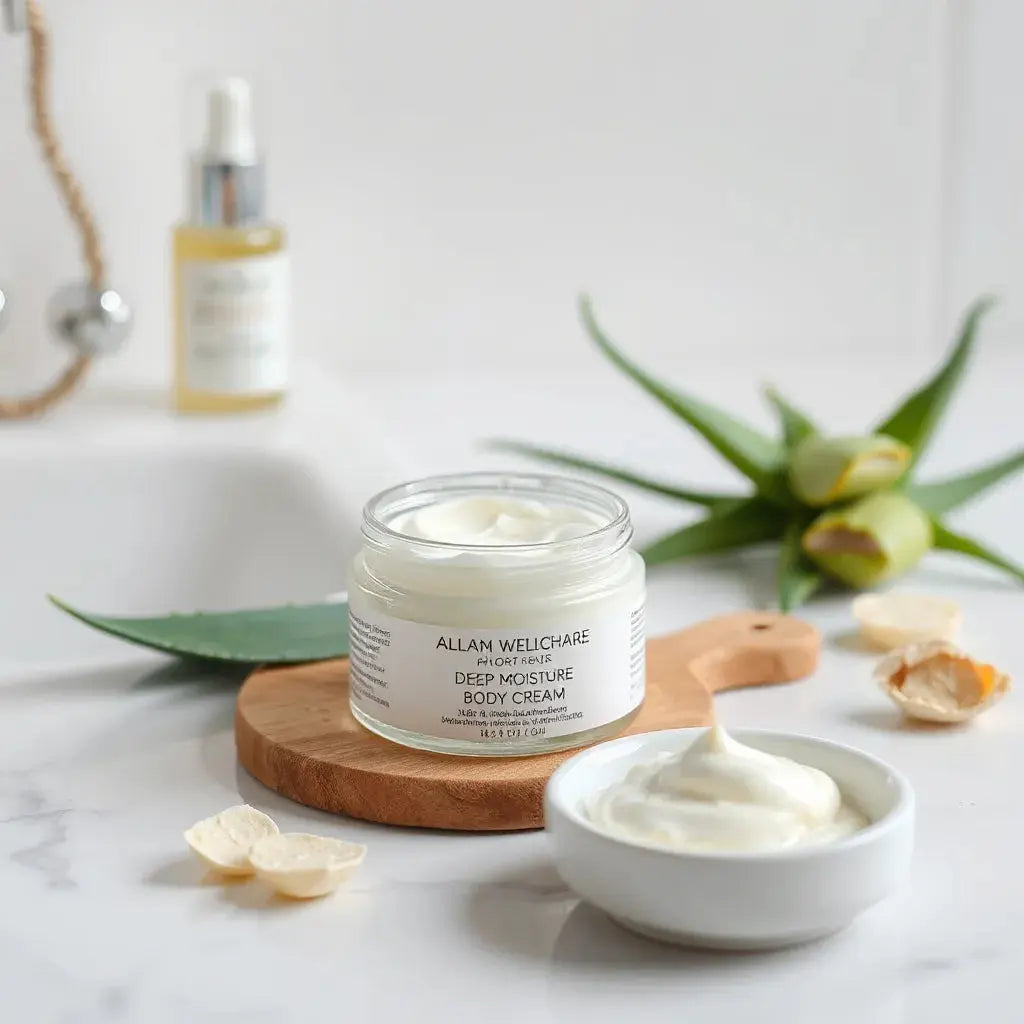 Jar of deep moisture body cream with a creamy dollop beside aloe leaves and shea butter on a clean vanity