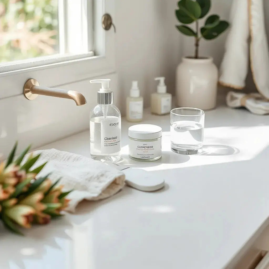 Skincare essentials arranged on a clean vanity under natural morning light
