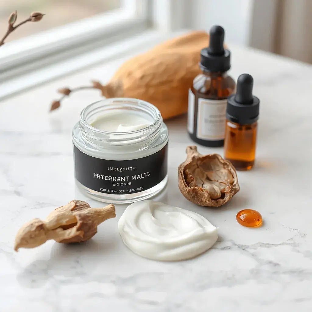 Jar of creamy skincare with a dollop on marble, plus shea nuts and a dropper bottle nearby