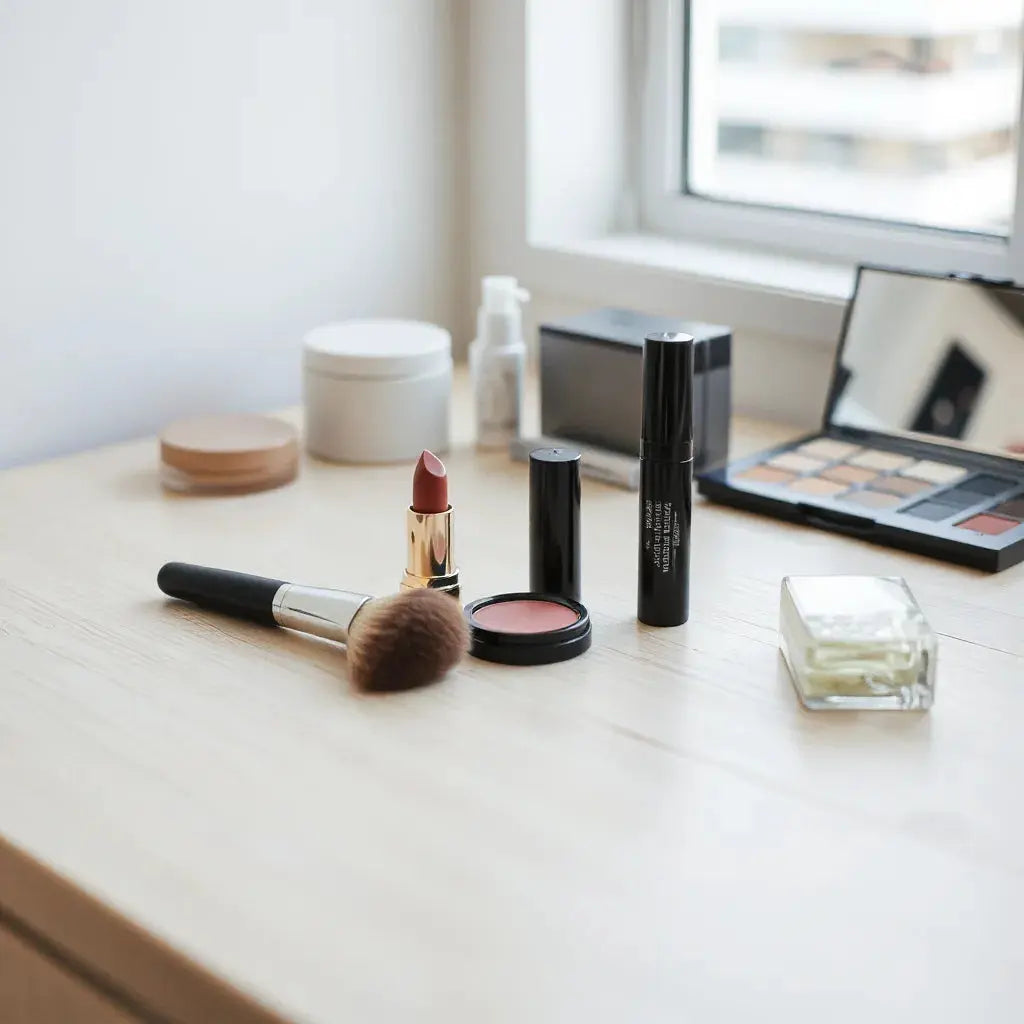 Neatly arranged cruelty-free cosmetics and makeup brush on a light wood vanity under soft natural light