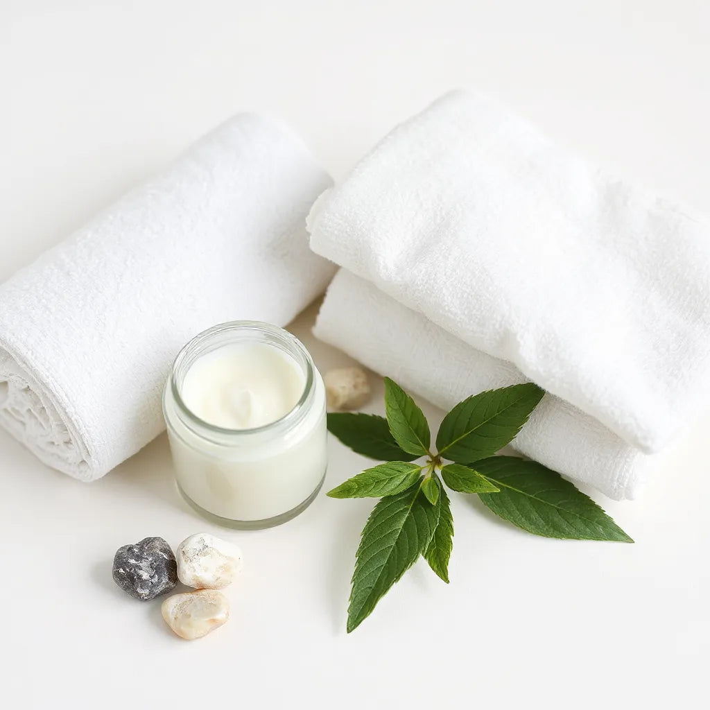 Jar of magnesium joint and muscle cream with smooth cream texture on a clean neutral surface