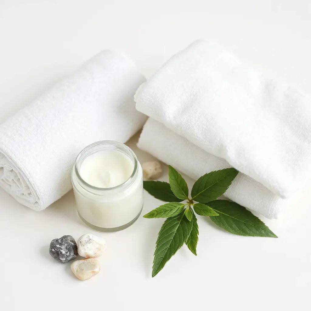 Jar of magnesium joint and muscle cream with smooth cream texture on a clean neutral surface