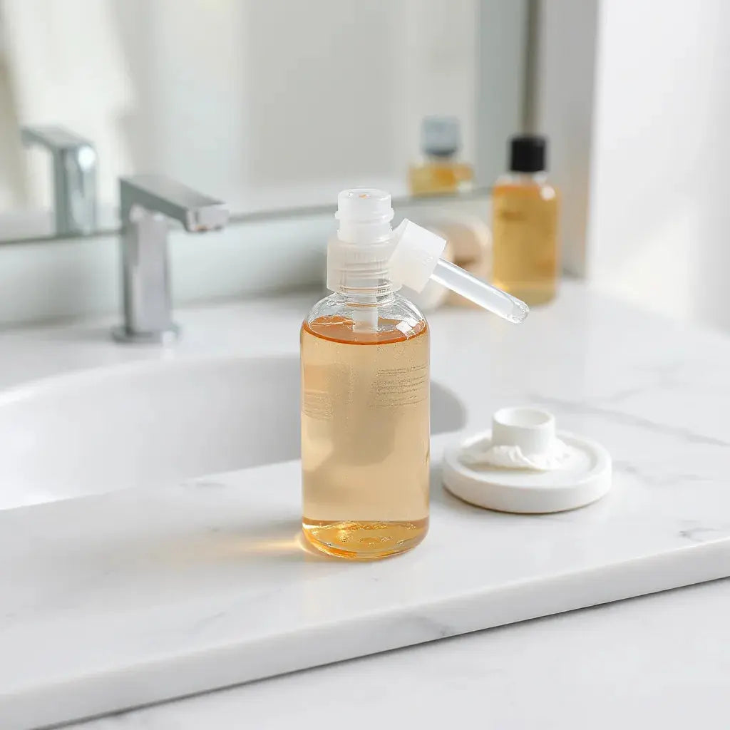 Hydrating facial toner bottle with dropper on a clean marble surface beside a cotton pad