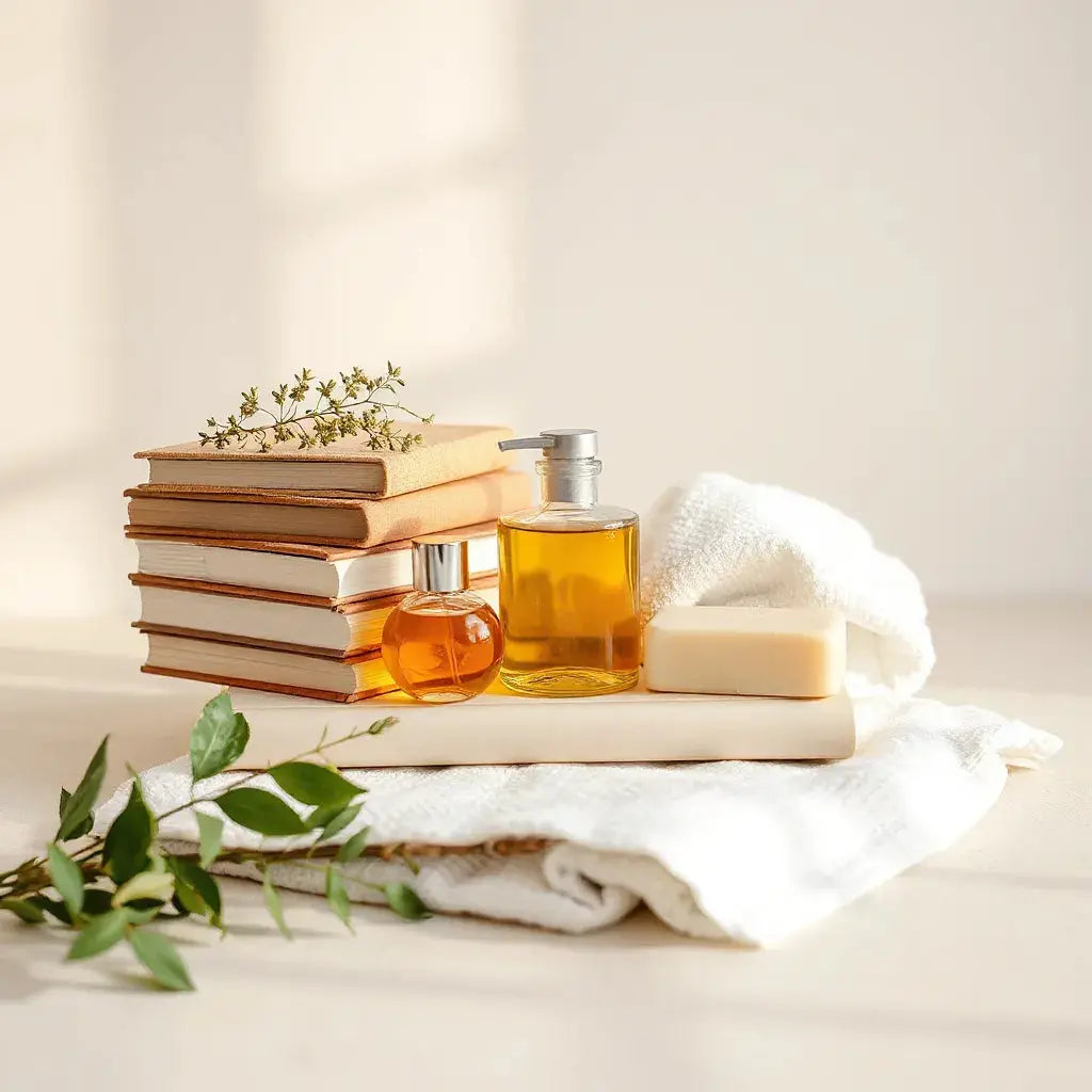 Stack of natural beauty books beside skincare items and herbal accents for hair and body care