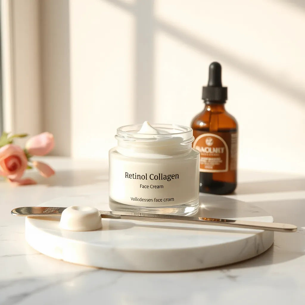 Jar of creamy face moisturizer with a spatula on white marble under soft natural light