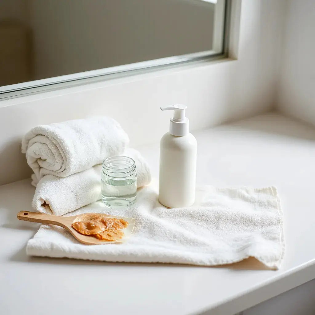 Jar of white body cream with towel and dry-skin fabric swatch on a clean countertop