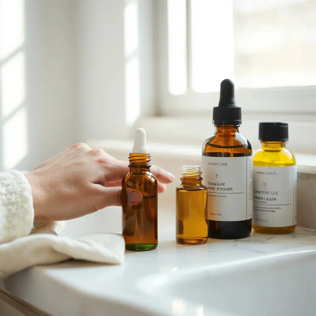 Moisturizer and facial oil on a clean counter beside a model’s dry, comforted cheek