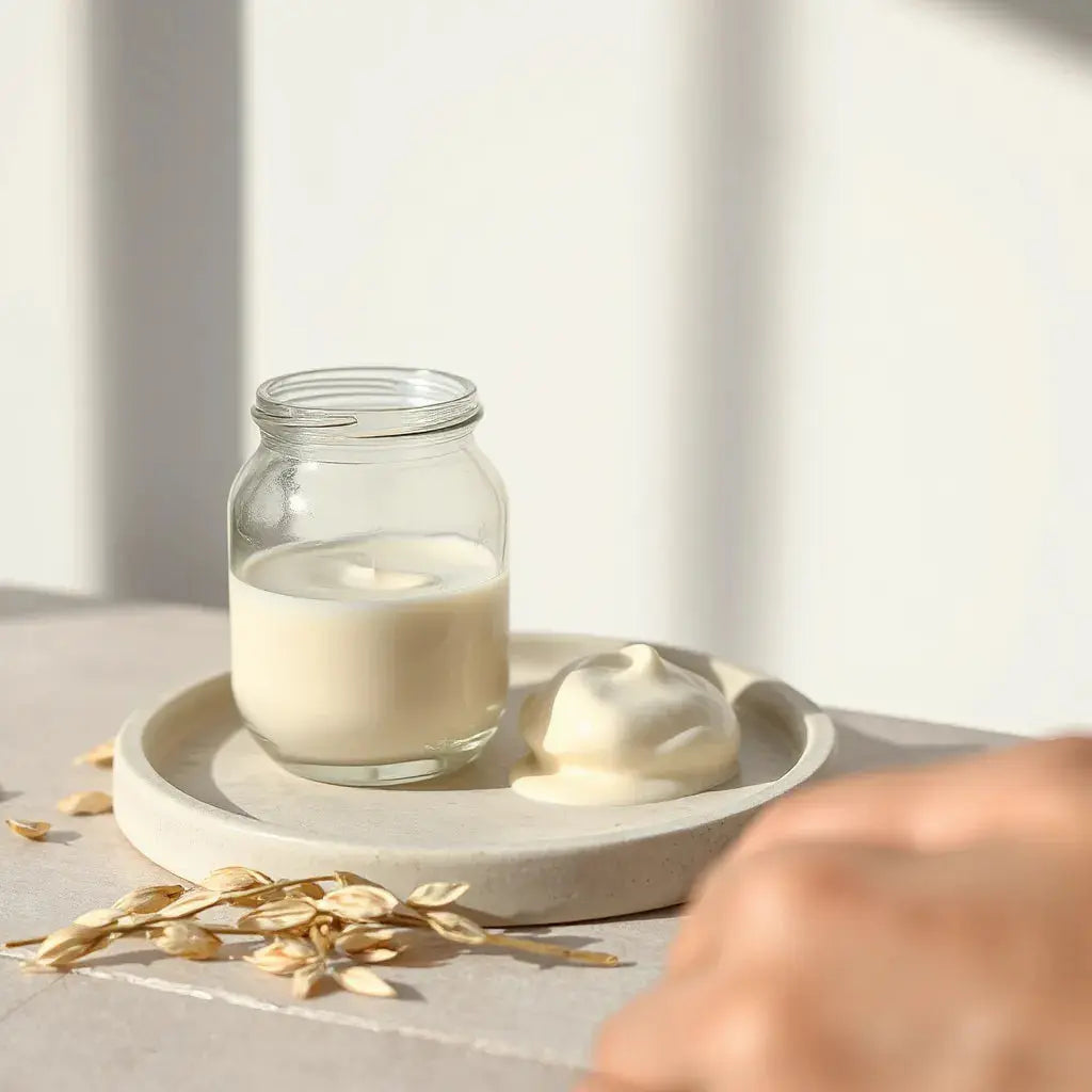 Rich body cream jar with a smooth cream dollop and soft botanicals on a clean surface
