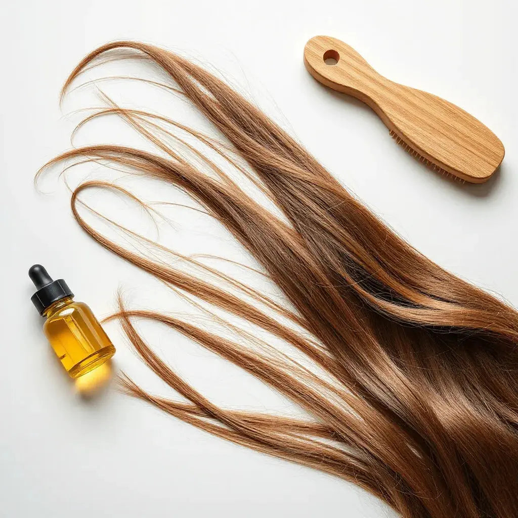 Shiny healthy hair strands with a small hair oil dropper and wooden brush on a clean surface