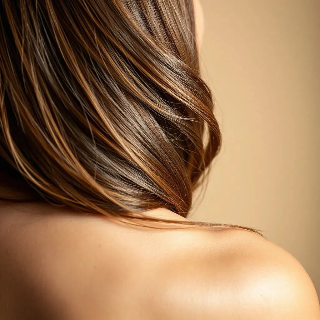 Glossy, healthy hair with smooth texture and natural shine against a soft neutral background