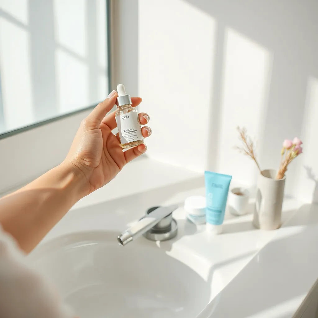 Hands applying lightweight moisturizer on dewy, glowing skin with neatly arranged skincare products
