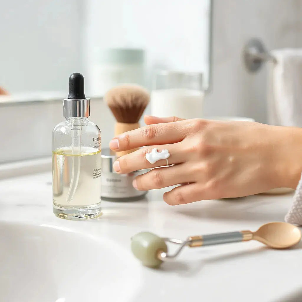 Hand applying moisturizer to dewy cheek with skincare tools on a clean vanity