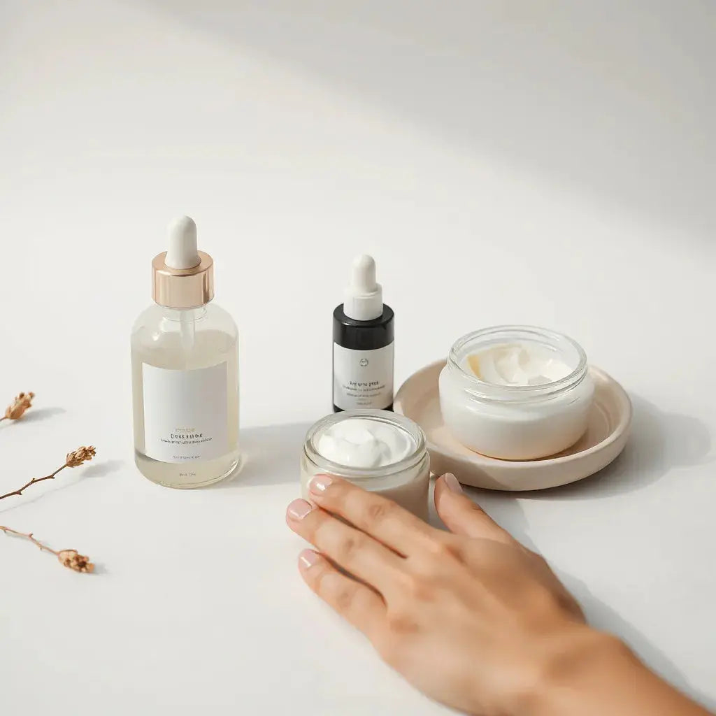 Dewy skincare products and cream being applied to fingertips in soft natural light