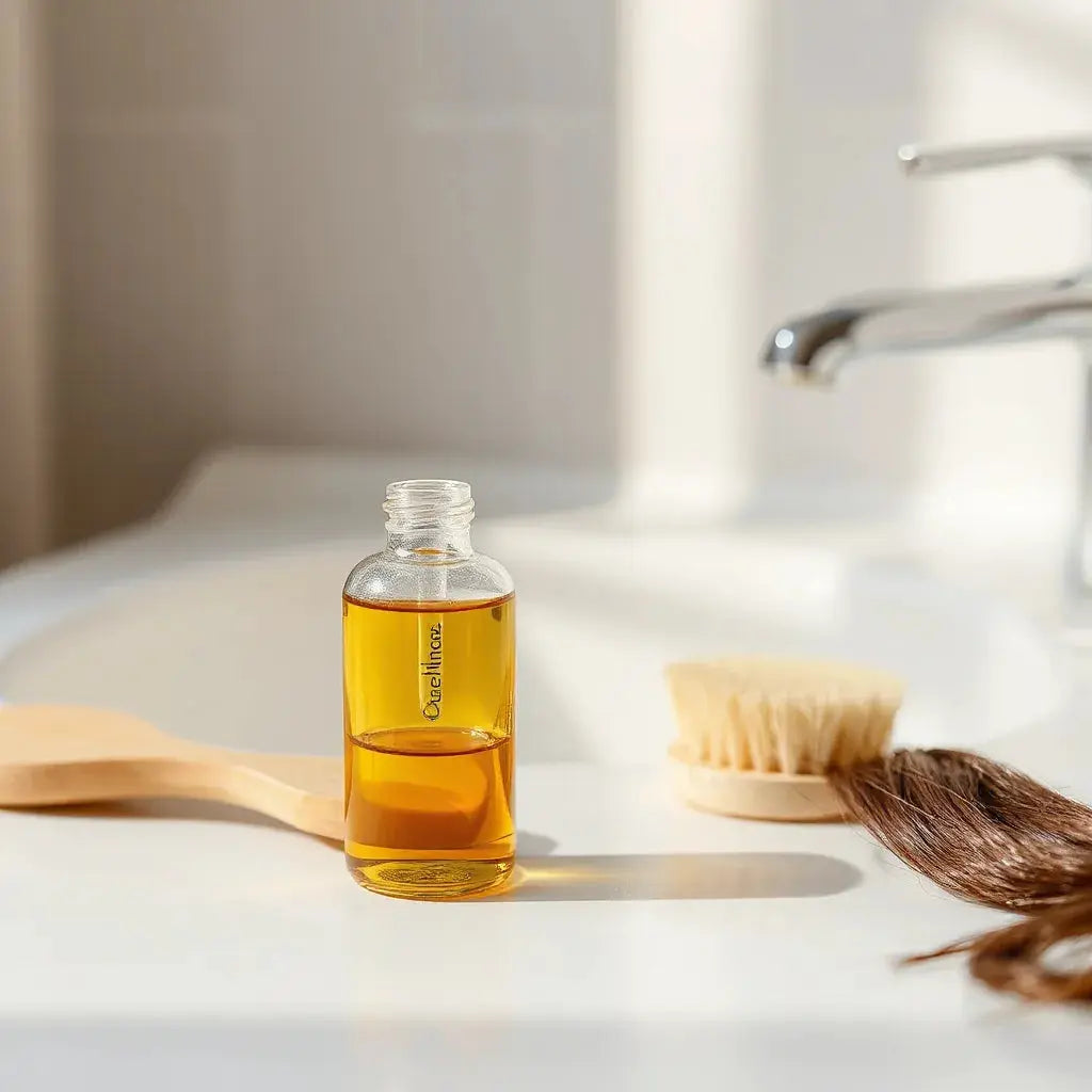 Glass dropper bottle of hair oil on a vanity next to a brush and silky hair strands.