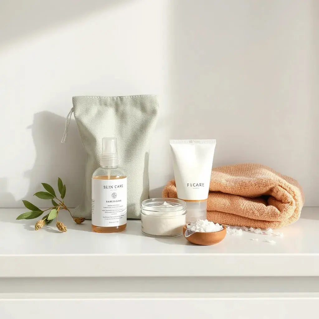 Neatly arranged self-care essentials with skincare bottles, lotion, towel, and natural ingredients on a clean countertop