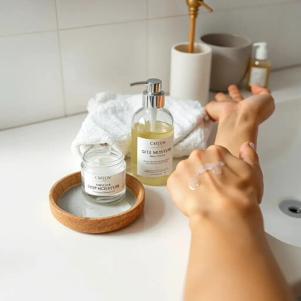 Deep moisture body cream jar and pump on a vanity with soft towel and moisturized arm