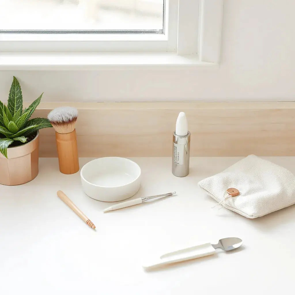 Sustainable beauty tools on a tidy vanity, including bamboo brushes and reusable silicone applicators