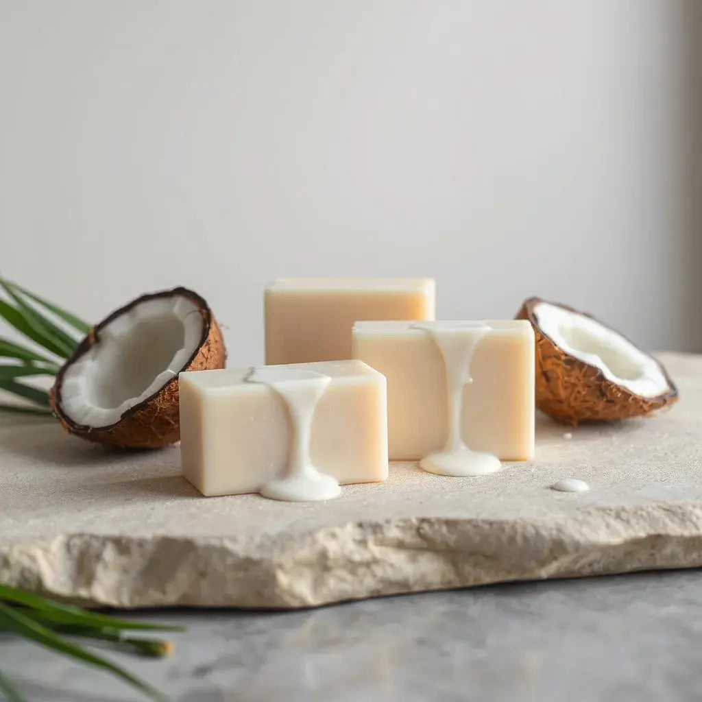 Handmade coconut milk soap bars with coconut halves on a clean light stone surface
