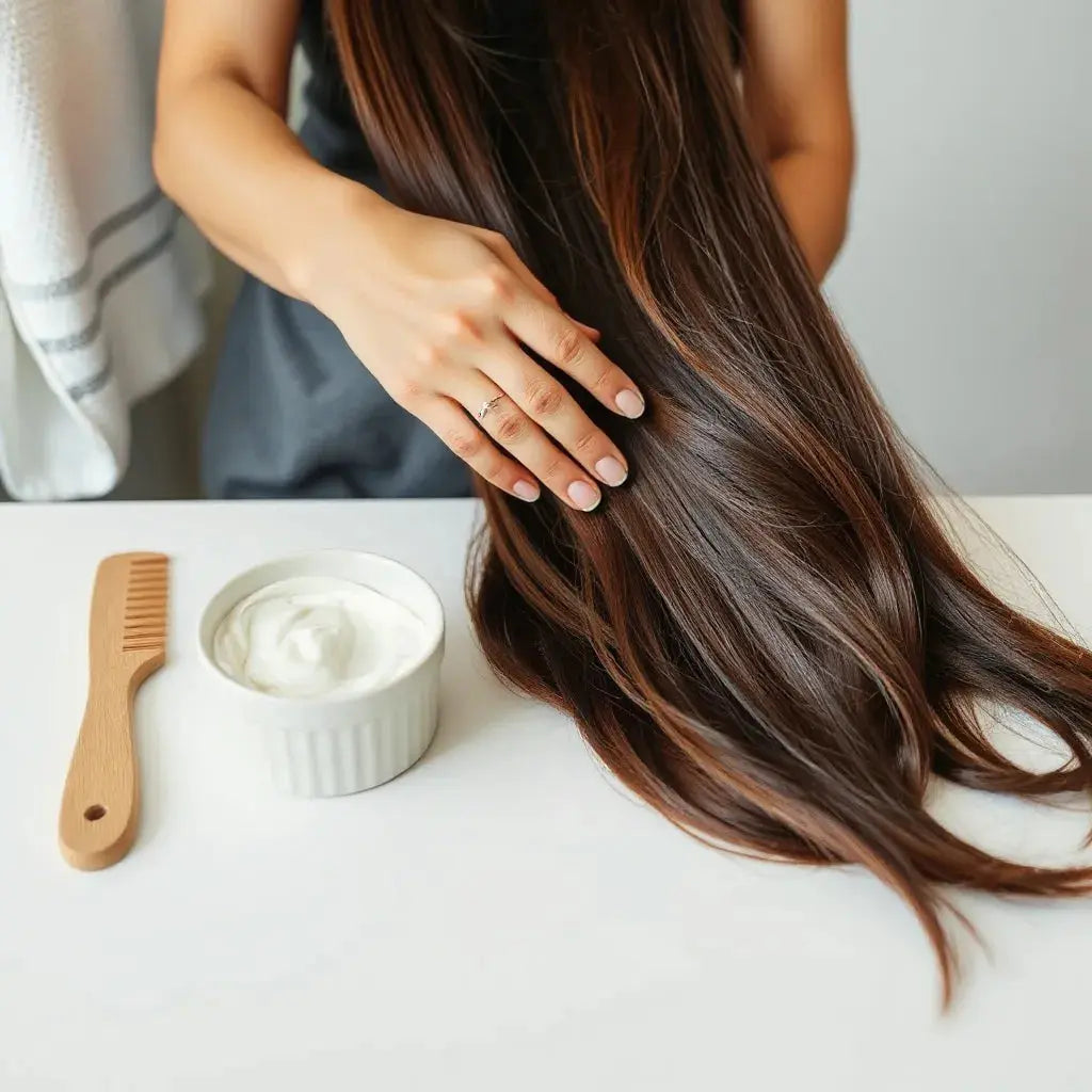 Hands applying a creamy hair mask to glossy strands beside a comb and small bowl