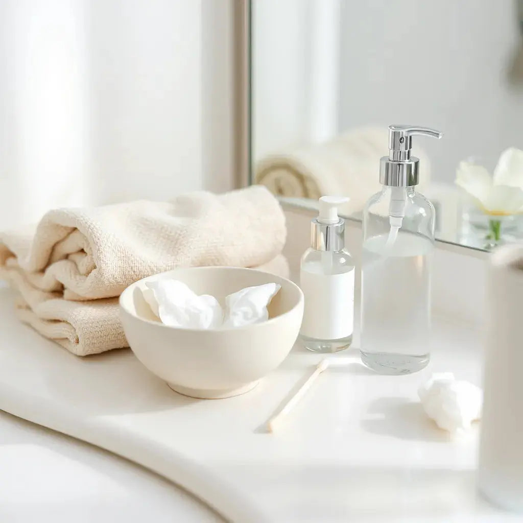Minimal skincare setup with moisturizer, cleanser, and cotton pads on a bright vanity