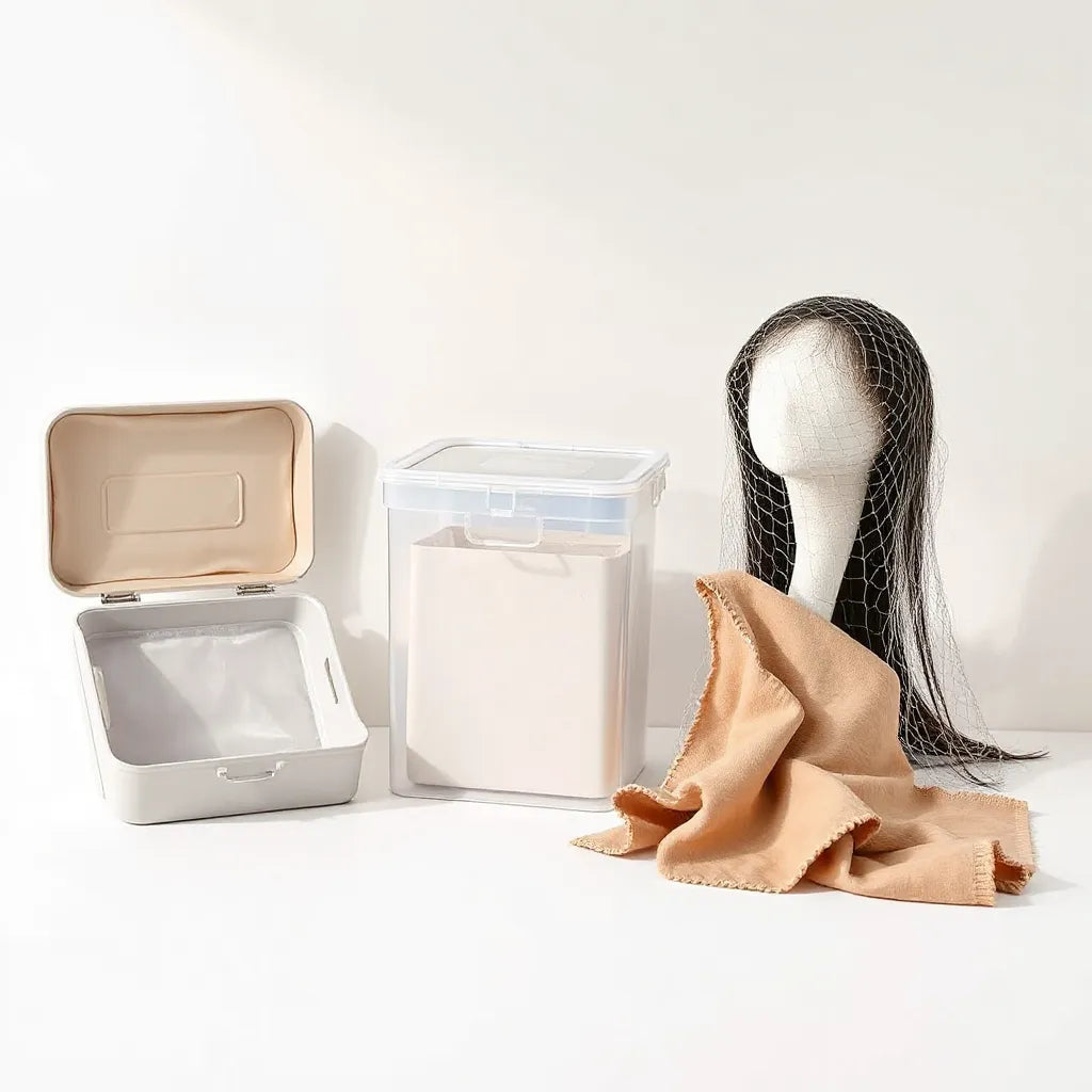Satin-lined wig stand and clear wig box on a clean vanity for safe, tangle-free storage
