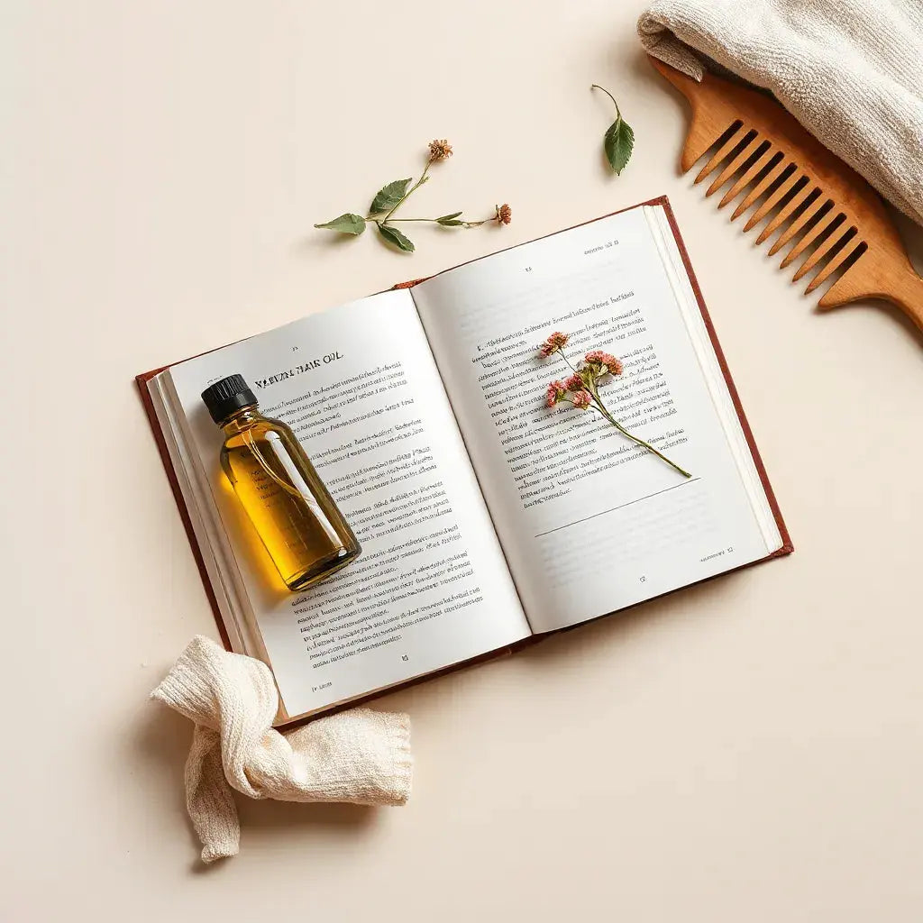 Open book beside natural hair oil and body care items with fresh botanicals on a neutral surface