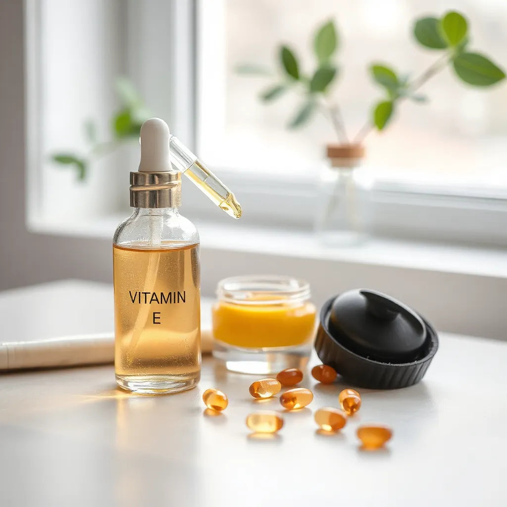 Dropper bottle of vitamin E oil with capsules and a skincare jar on a clean surface