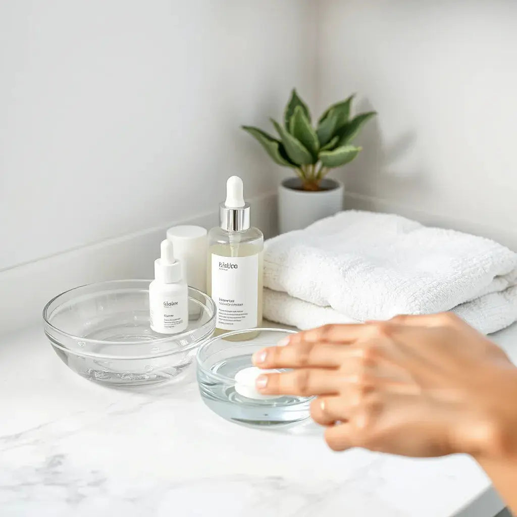 Gentle facial moisturizer and serum on a clean counter with soft water droplets for sensitive skin hydration