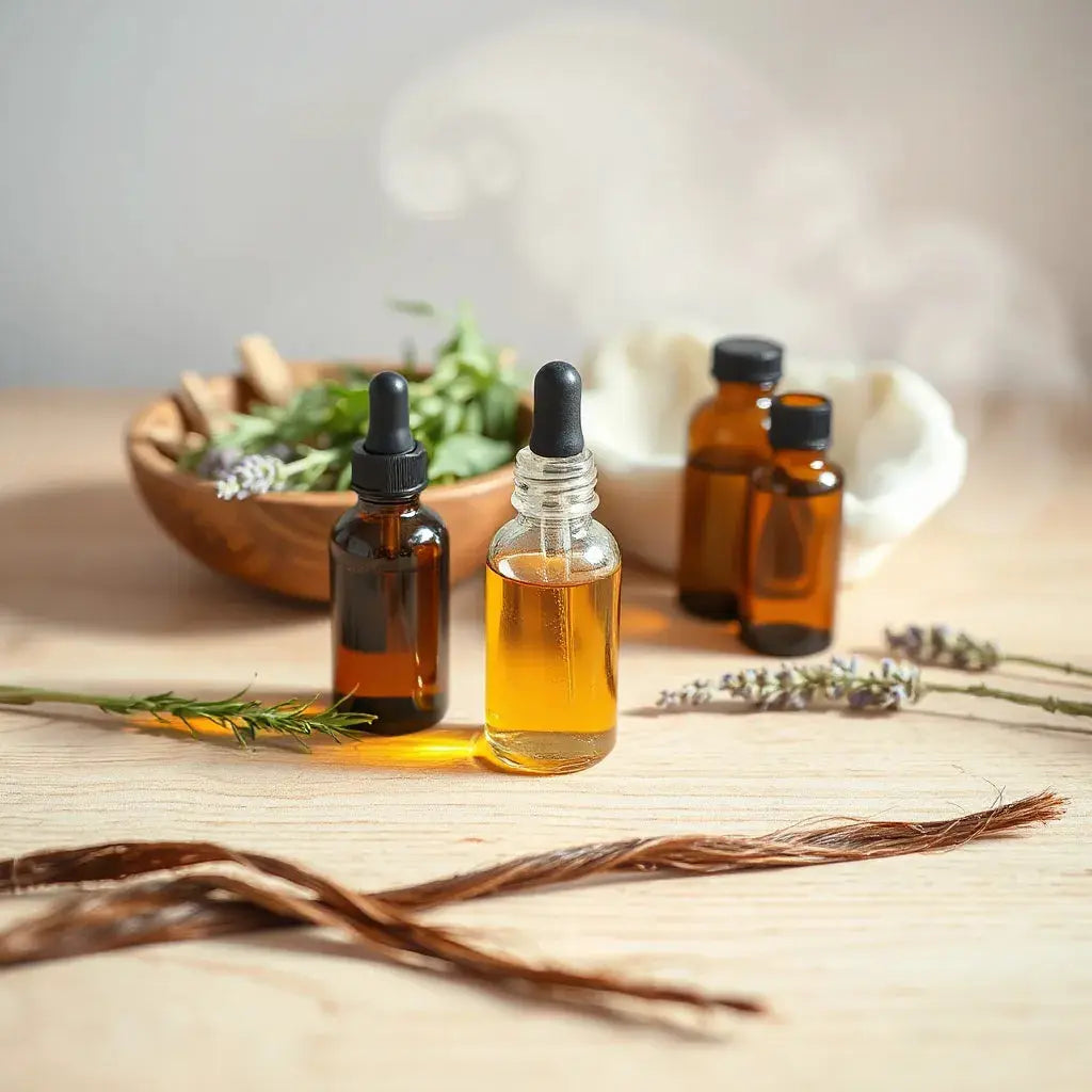 Glass dropper bottle of essential hair oil with fresh herbs and soft hair strand on a light wood surface
