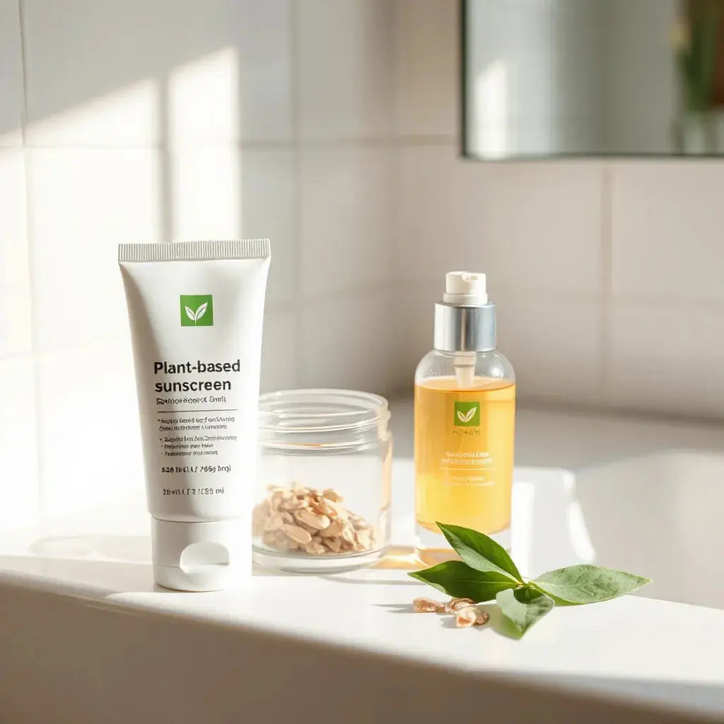 Plant-based sunscreen products on a countertop with green leaves and natural skincare ingredients