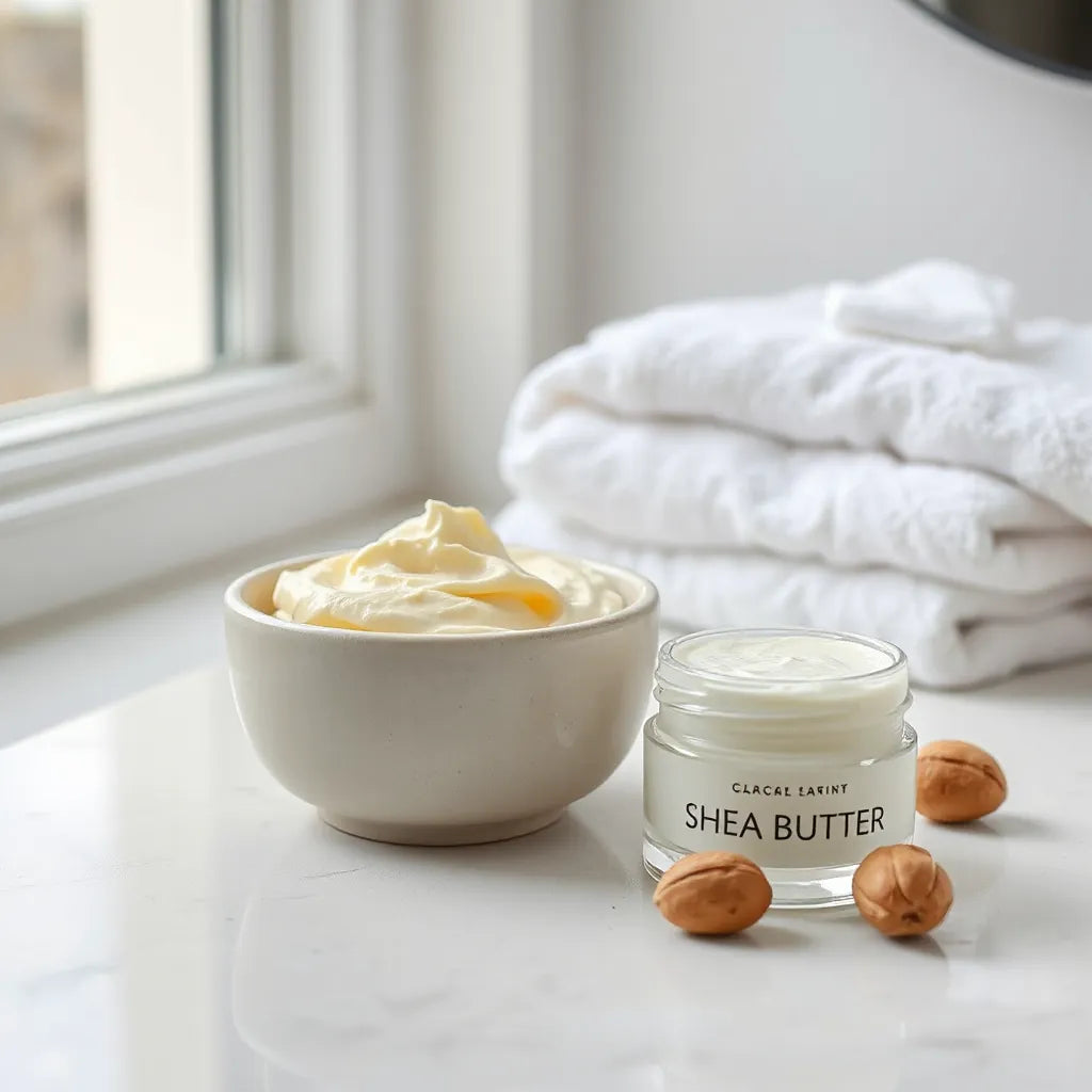 Jar of shea butter moisture cream and a bowl of creamy shea butter on a clean vanity