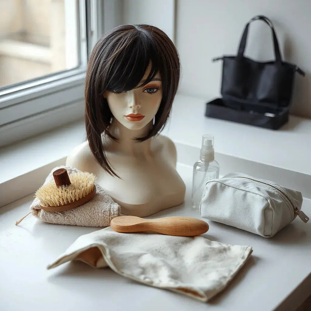 Mannequin head with a neatly styled wig alongside brush, spray bottle, towel, and satin storage bag